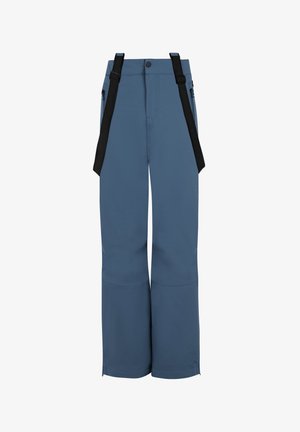 Vandafvisende, blå skibukser med justerbare sorte seler, lynlåslommer og en afslappet pasform ved anklerne.