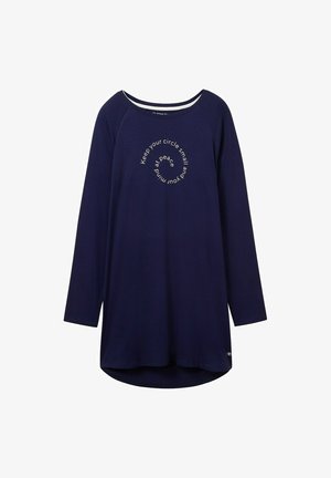 Chemise à manches longues bleu marine avec un ourlet arrondi et un design de texte circulaire en crème, indiquant "garde ton cercle petit et préserve ta paix."