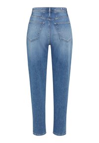 Hellblaue Denim-Jeans mit hoher Taille, geradem Schnitt und zwei Gesäßtaschen. Mit einem sauberen Finish und verblasster Textur.