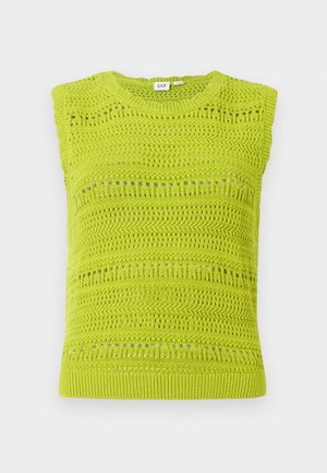 Kootud ilma varrukateta topp erksas laimis roheline värviga, millel on tekstuurilised mustrid ja avatud töödetailid. Omab ümarat kaelaauku ja soonikkoes alläären.