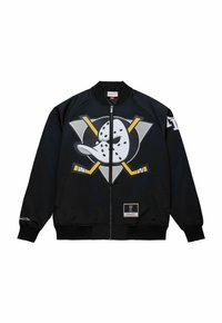 Schwarze Bomberjacke mit einem auffälligen Druck eines Enten mit einem Hockeyschläger, gelben Akzenten und einem Markenpatch am unteren Saum.