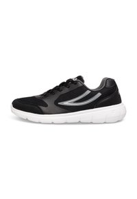 Scarpe sportive nere realizzate in mesh e materiale sintetico, con accenti argentati, design con lacci e suola in gomma bianca.