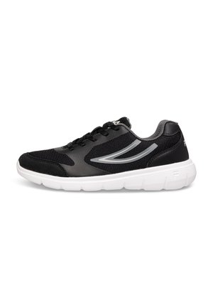 Scarpe sportive nere realizzate in mesh e materiale sintetico, con accenti argentati, design con lacci e suola in gomma bianca.
