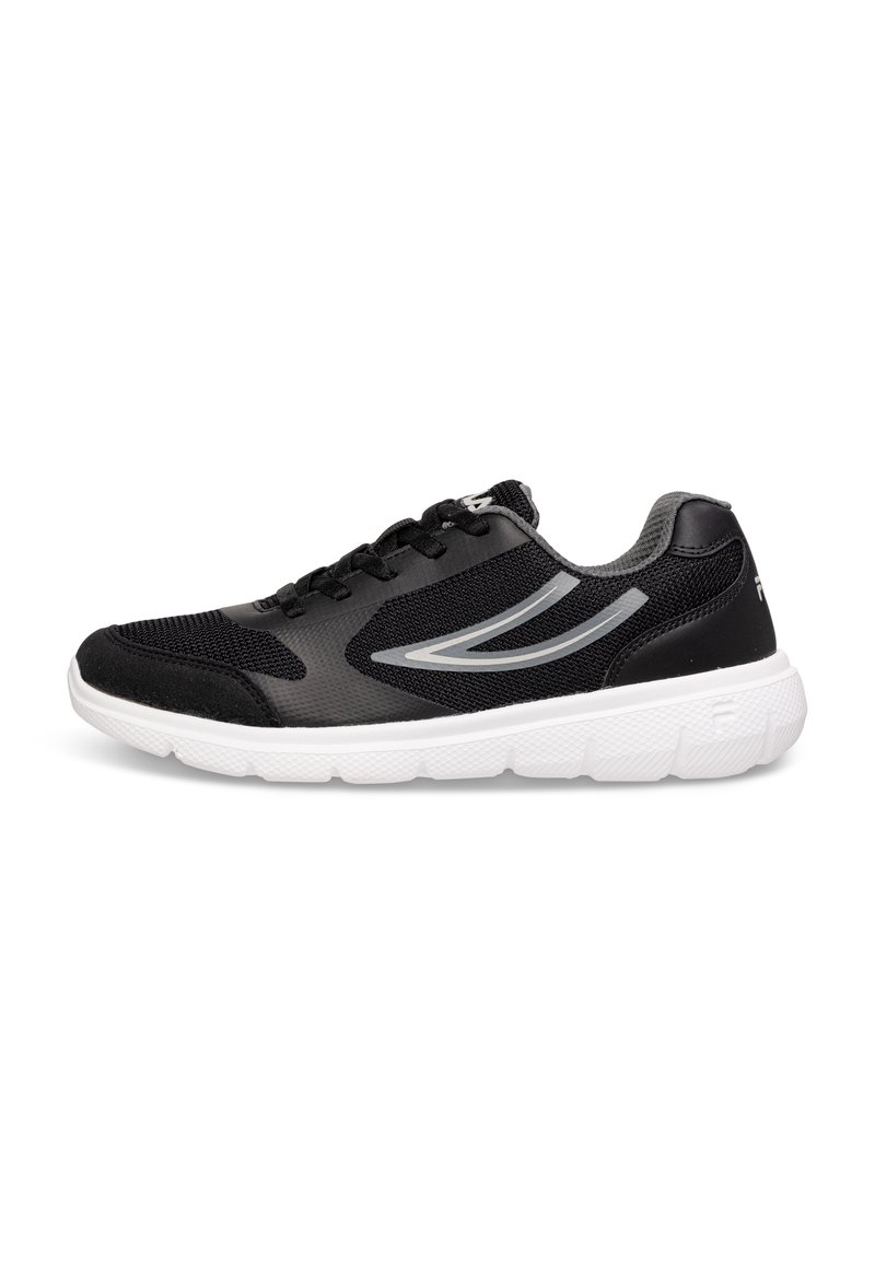 Scarpe sportive nere realizzate in mesh e materiale sintetico, con accenti argentati, design con lacci e suola in gomma bianca.