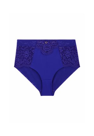 Culotte taille haute violette avec panneaux floraux en dentelle sur les côtés et à l'avant, dotée d'un petit anneau décoratif au centre de la ceinture.