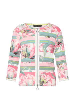 Lynlåset blomsterjakke med pink, grønne og hvide vandrette striber og store blomsterprint, rund halsudskæring og lange ærmer.