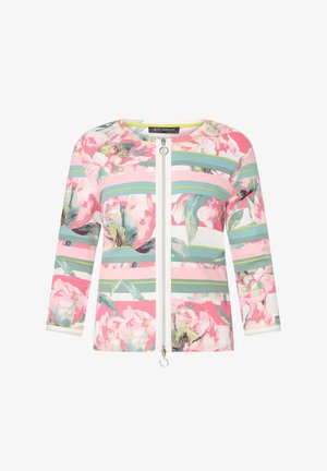 Jas met rits, bloemenprint met roze, groene en witte horizontale strepen en grote bloemmotieven, ronde halslijn en lange mouwen.
