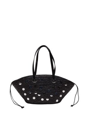 Sac à main tissé noir avec deux bretelles, décoration de sequins argentés et cordons latéraux, sur fond blanc.