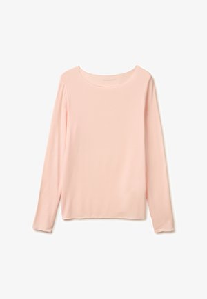 Camiseta de manga larga de color rosa suave con escote redondo, confeccionada con tela lisa, mostrada plana sobre un fondo blanco.