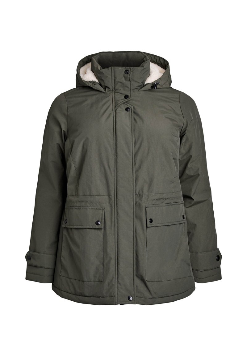 Olive zelena zimska jakna s kapuco, z dvema sprednjima žepoma s gumbom, gumbnimi manšetami in kapuco obloženo s sherpa materialom.
