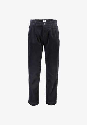 Pantalon en velours côtelé bleu marine avec une coupe droite, des plis à l'avant, une fermeture à bouton et une ceinture. Le tissu a une texture côtelée.