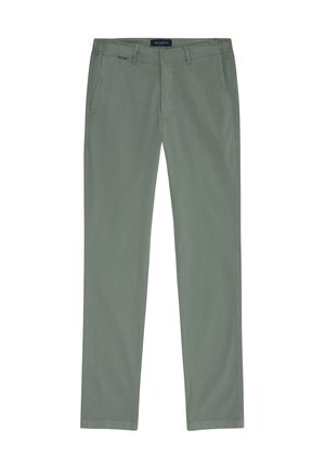 Pantalon droit vert clair en coton avec une texture lisse. Comprend des poches avant et une fermeture par bouton.