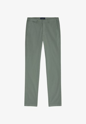 Pantalon droit vert clair en coton avec une texture lisse. Comprend des poches avant et une fermeture par bouton.