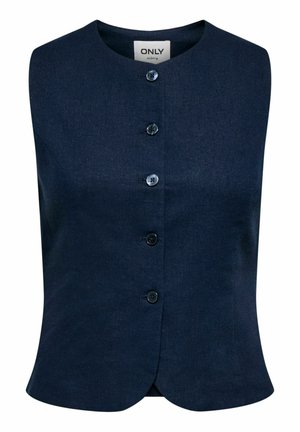 Veste sans manches bleu marine avec encolure ronde et cinq boutons frontaux, coupe ajustée, en tissu lisse.