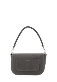 Dark gray suede shoulder bag with front pocket and silver clasps on the strap, rectangular shape with rounded edges.