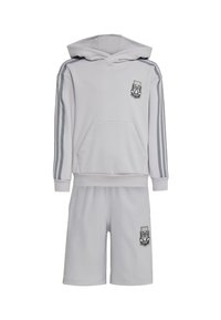 Grå hoodie och shorts-set i mjukt material, med en central ficka, broderad logotyp och grå ränder på ärmarna.