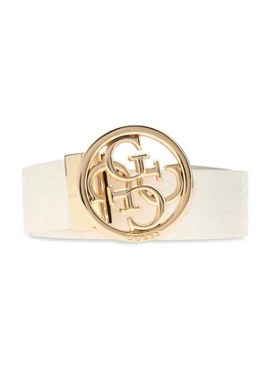 Ceinture en cuir blanc avec une grande boucle ronde en or présentant les lettres entrelacées G, H et S.