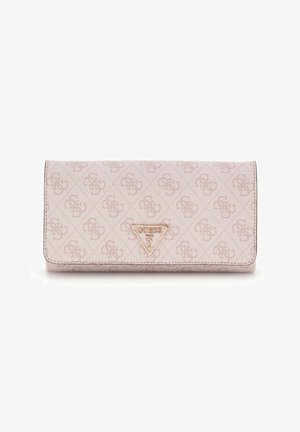 Portefeuille rose à motif avec une finition texturée, présentant un accent de logo triangulaire, une fermeture à pression et une forme rectangulaire.