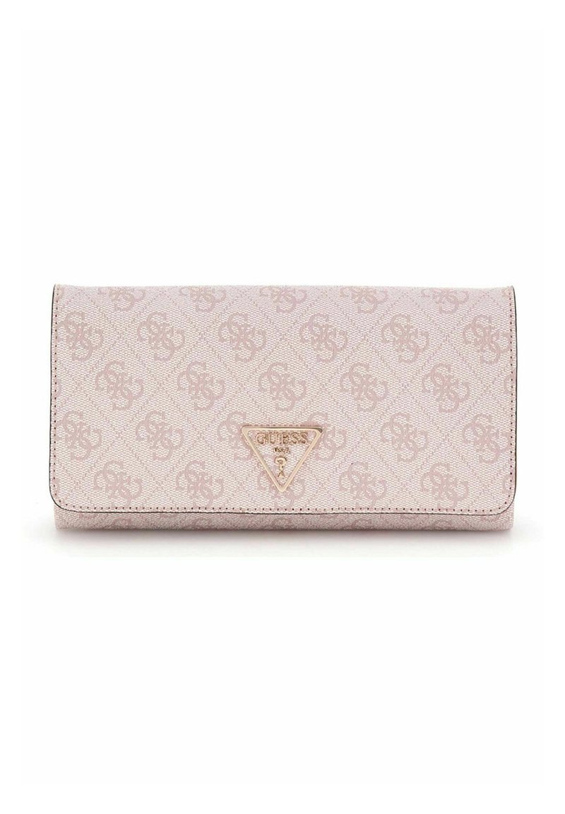 Portefeuille rose à motif avec une finition texturée, présentant un accent de logo triangulaire, une fermeture à pression et une forme rectangulaire.