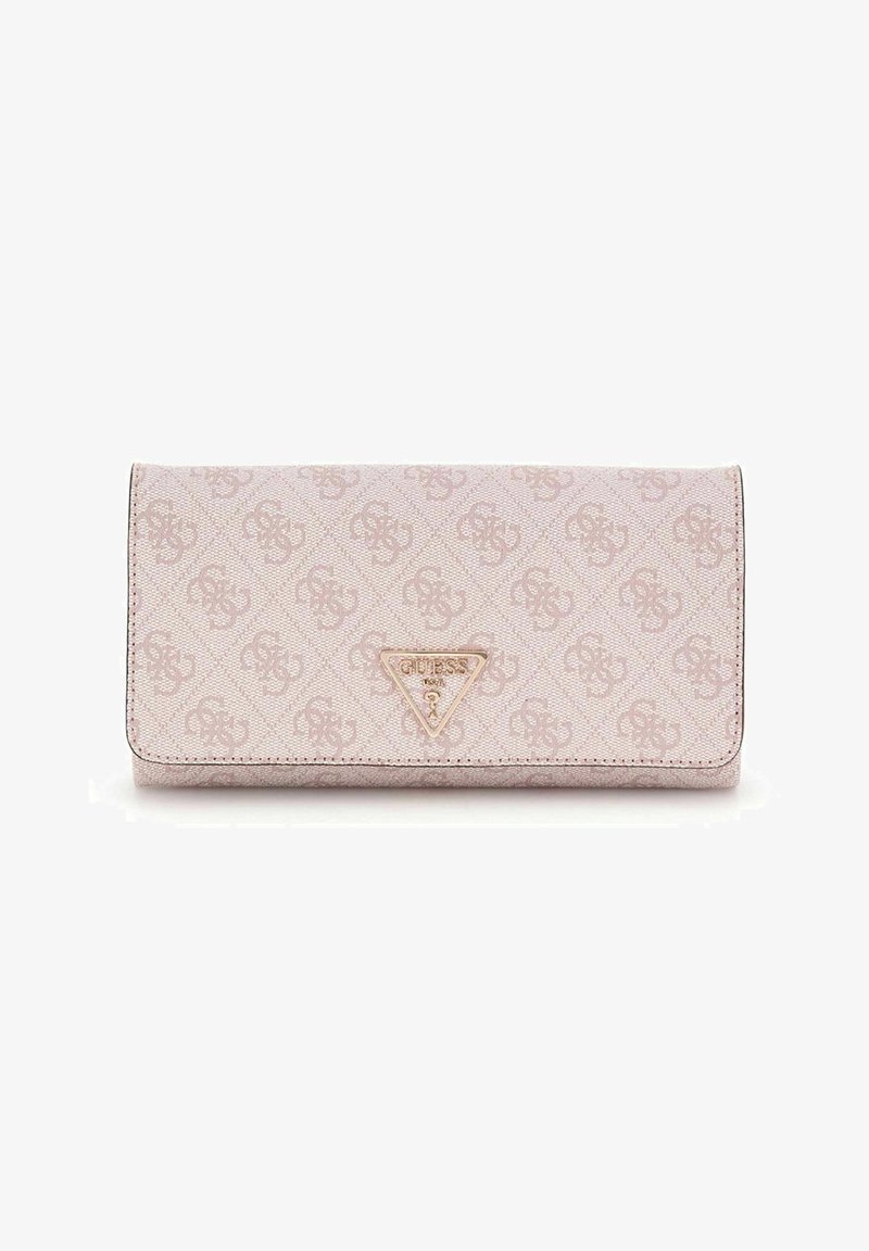 Portefeuille rose à motif avec une finition texturée, présentant un accent de logo triangulaire, une fermeture à pression et une forme rectangulaire.