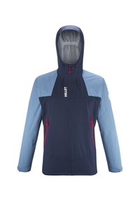 Marineblaue und hellblaue wasserdichte Jacke mit Kapuze, Reißverschluss vorne, zwei Taschen mit roten Akzenten und einem Logo auf der Brust.