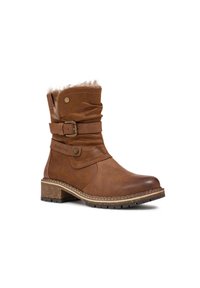 Bottine en cuir marron avec un col replié, une bordure en fausse fourrure, un accent de boucle et une semelle en caoutchouc texturé. Comprend des détails de couture et un logo.