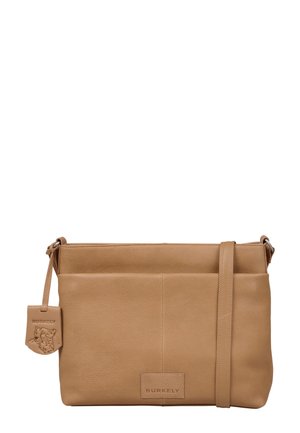 Leren crossbody tas in lichtbruin, met een soepele textuur, een ritssluiting en een afneembare label met reliëflogo.