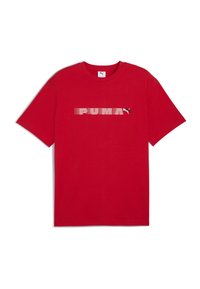 Rød bomulds T-shirt med vandret stribet design og ordet "PUMA" i hvidt og sort. Rund halsudskæring og korte ærmer.