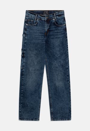 Dark blue denim carpenter jeans with five pockets, button and zipper closure, belt loops, and tool loops on the sides.