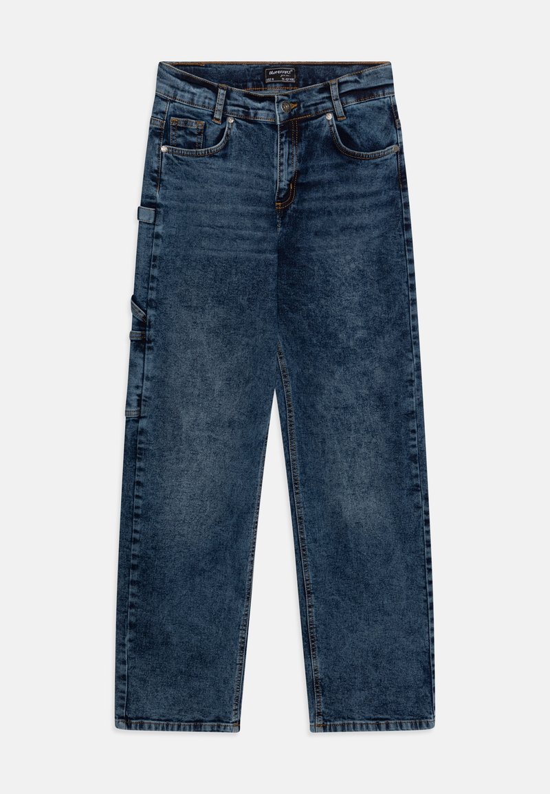 Jean charpentier en denim bleu foncé avec cinq poches, fermeture par boutons et fermeture éclair, passants pour ceinture et boucles pour outils sur les côtés.