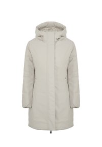 Cappotto lungo isolato color grigio chiaro, con chiusura a zip, cappuccio e tasche laterali. Presenta una texture liscia e una silhouette dritta.