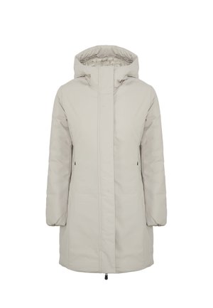 Lichtgrijze, geïsoleerde lange jas met een ritssluiting aan de voorkant, capuchon en zijzakken. Kenmerkt zich door een soepele textuur en een rechte snit.