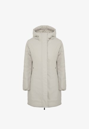 Lichtgrijze, geïsoleerde lange jas met een ritssluiting aan de voorkant, capuchon en zijzakken. Kenmerkt zich door een soepele textuur en een rechte snit.