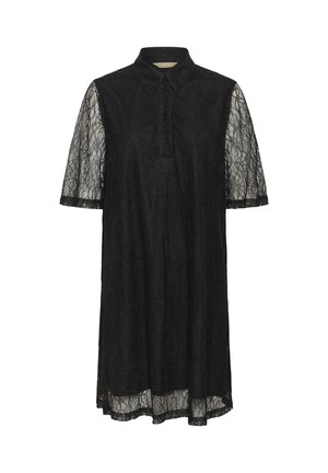 Zwart kant knielang jurkje met korte doorschijnende mouwen, knoopsluiting kraag en bloempatronen voering op een witte achtergrond.
