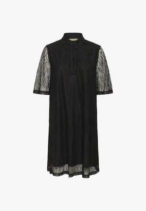 Vestido negro de encaje a la altura de la rodilla con mangas cortas de gasa, cuello con botones y forro de patrón floral sobre un fondo blanco.