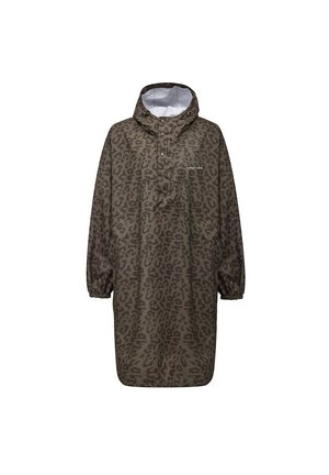 Lange olijfgroene regenjas met donkere luipaardprint, capuchon, elastische manchetten, voorste drukknoopsluiting en witte voering.