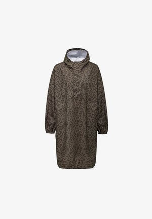 Lange olijfgroene regenjas met donkere luipaardprint, capuchon, elastische manchetten, voorste drukknoopsluiting en witte voering.