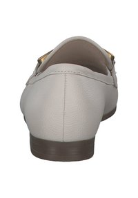 Light gray leather shoe with a low heel, smooth texture, and a gold accent on the heel. Rounded back and stitched detailing.