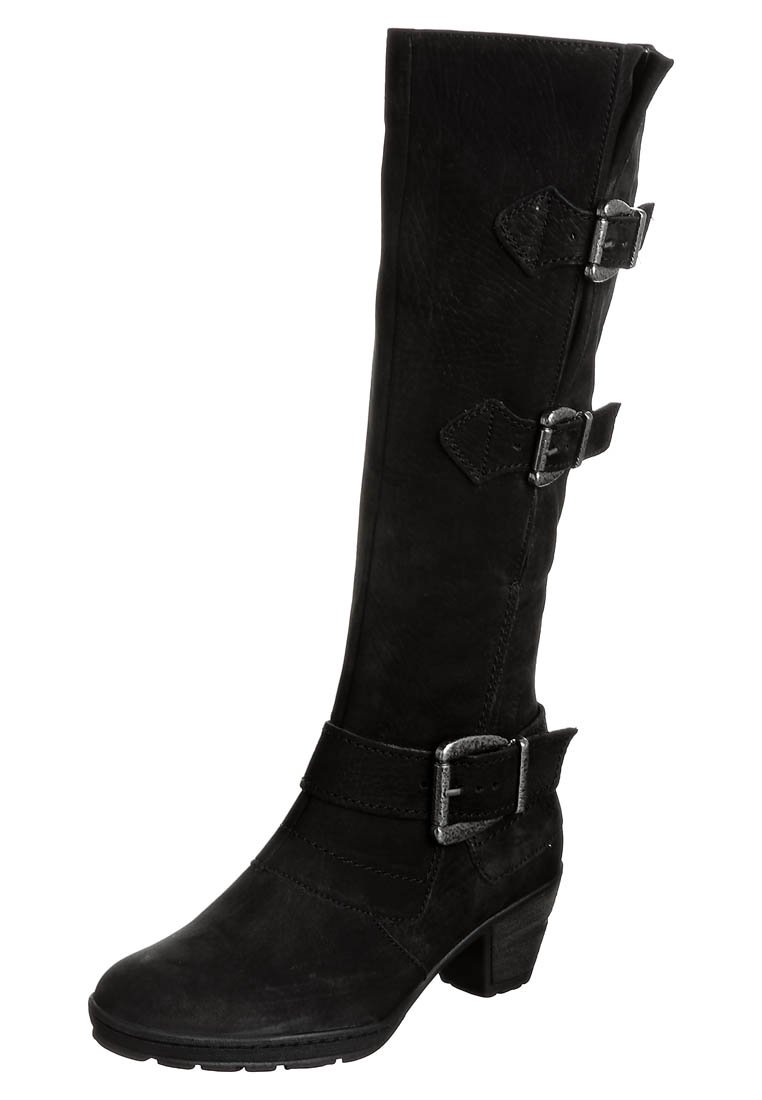 Botte noire en cuir mi-mollet avec talon carré et trois boucles argentées ajustables sur la tige et la cheville.