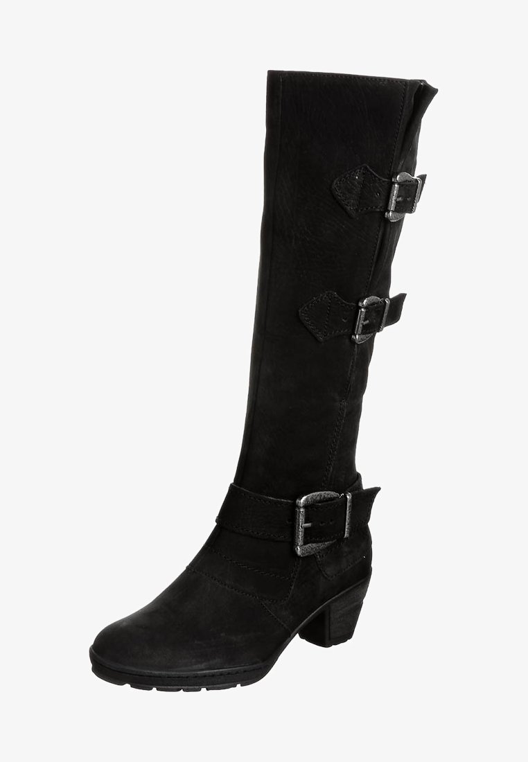 Botte noire en cuir mi-mollet avec talon carré et trois boucles argentées ajustables sur la tige et la cheville.