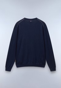Marineblauer Sweatshirt mit langen Ärmeln, Rundhalsausschnitt und Kontrastnähten an den Schultern. Weiche Textur und gerippte Saumdetails.