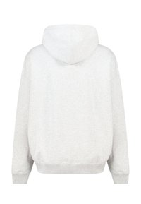 Sweat à capuche gris clair avec une poche kangourou, des poignets côtelés et une capuche à cordon de serrage. Texture douce et coupe décontractée.