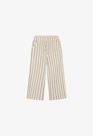 Beige wijde broek met verticale bruine strepen, elastische tailleband, twee zijzakken en een ontspannen pasvorm, gemaakt van zachte, lichte stof.