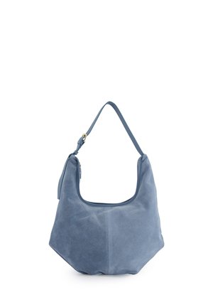 Sac bandoulière hobo en daim bleu avec une seule sangle réglable et un détail de boucle dorée, présenté sur un fond blanc uni.