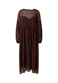 Schwarz-blumiges Kleid mit langen transparenten Ärmeln, V-Ausschnitt und gerafftem Taillenbereich. Hat kleine rote Blumen auf einem transparenten Stoff. Leicht und fließend.