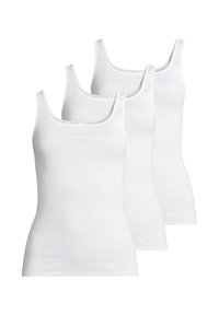 Three plain white sleeveless cotton tank tops stacked, showing front view with square necklines.
