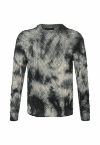 Grau-schwarzer Batik-Strickpullover mit strukturiertem Kabelmuster, langen Ärmeln und Rundhalsausschnitt. Rippbündchen und Saum.
