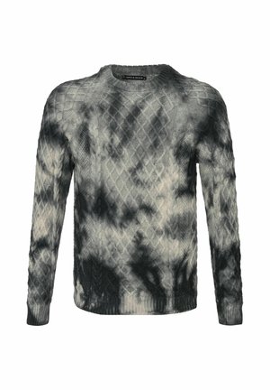 Grijze en zwarte tie-dye gebreide trui met een gestructureerd kabelpatroon, lange mouwen en een ronde hals. Geribde manchetten en zoom.