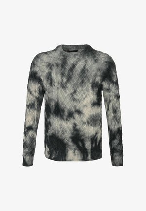 Grijze en zwarte tie-dye gebreide trui met een gestructureerd kabelpatroon, lange mouwen en een ronde hals. Geribde manchetten en zoom.