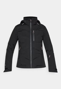 Melnā izolētā jaka ar rāvējslēdzēja priekšpusi, augstu apkakli un regulējamu kapuci. Iezīmes divi sānu rāvējslēdzēja kabatas un Velcro aproces. Elegants dizains.